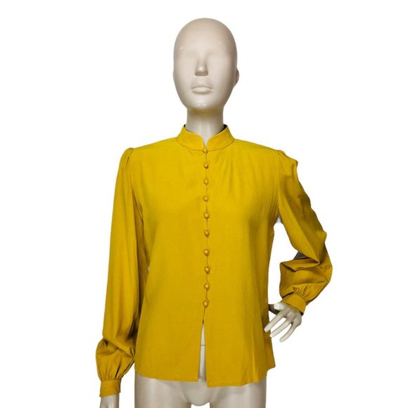 Vintage 90's Jean Louis Scherrer Paris Mustard Gold Crepe Button-Down Bl… - Picture 5 of 7